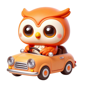 Orange employee owl driving a car, representing transport perks