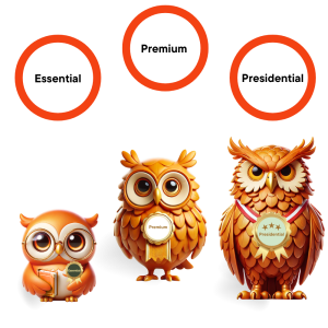 Three employee owls side by side representing the Essentials, Premium, and Presidential membership tiers