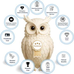 White corporate owl with a gold sash and stars, representing the Presidential Tier