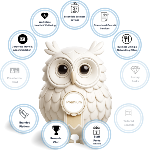 White corporate owl wearing a gold crown, representing the Premium Benefits Tier