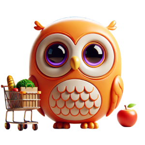 Orange owl shopping with trolley full of groceries