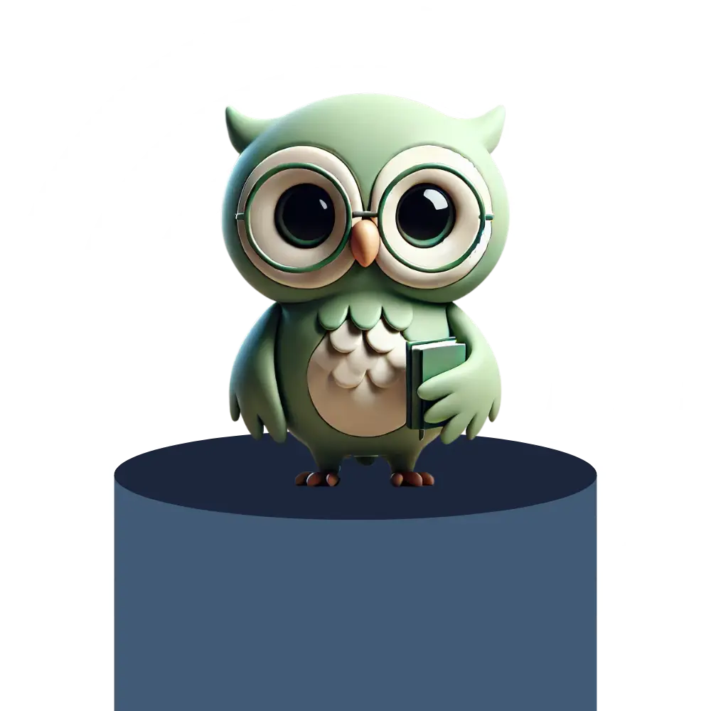 Green owl standing proudly on a podium representing top member recognition