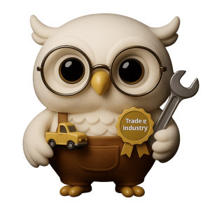 Blue B2B owl holding a wrench representing trade and industry services