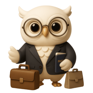 White B2B owl with luggage representing corporate travel, dining, and events