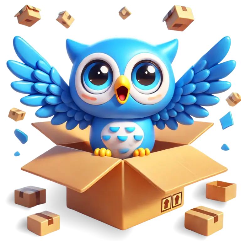 Happy cartoon bird bursting out of a cardboard box