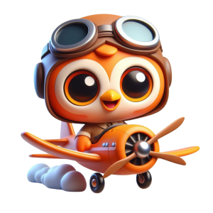 Orange owl flying in an airplane, symbolising employee travel and accommodation perks