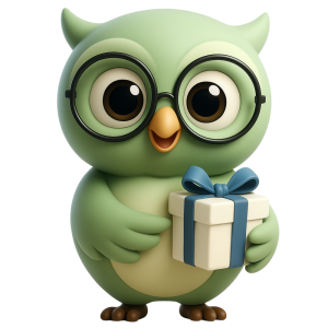 Green owl holding a gift box to represent Rewards Club benefits