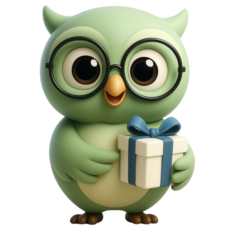 Green owl holding a gift box to represent Rewards Club benefits