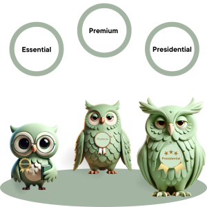Three member owls representing Essentials, Premium, and Presidential tiers