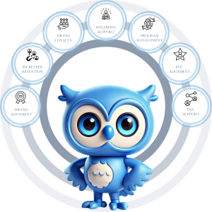 Blue owl surrounded by icons representing member benefits
