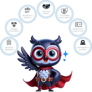 Perkly owl presenting Member Benefits services with a “What We Do” sign