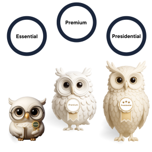 Three white corporate owls representing Essentials, Plus, and Premium benefit tiers