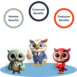 Corporate, member, and employee owls standing together in unity