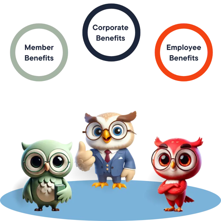 Corporate, member, and employee owls standing together in unity