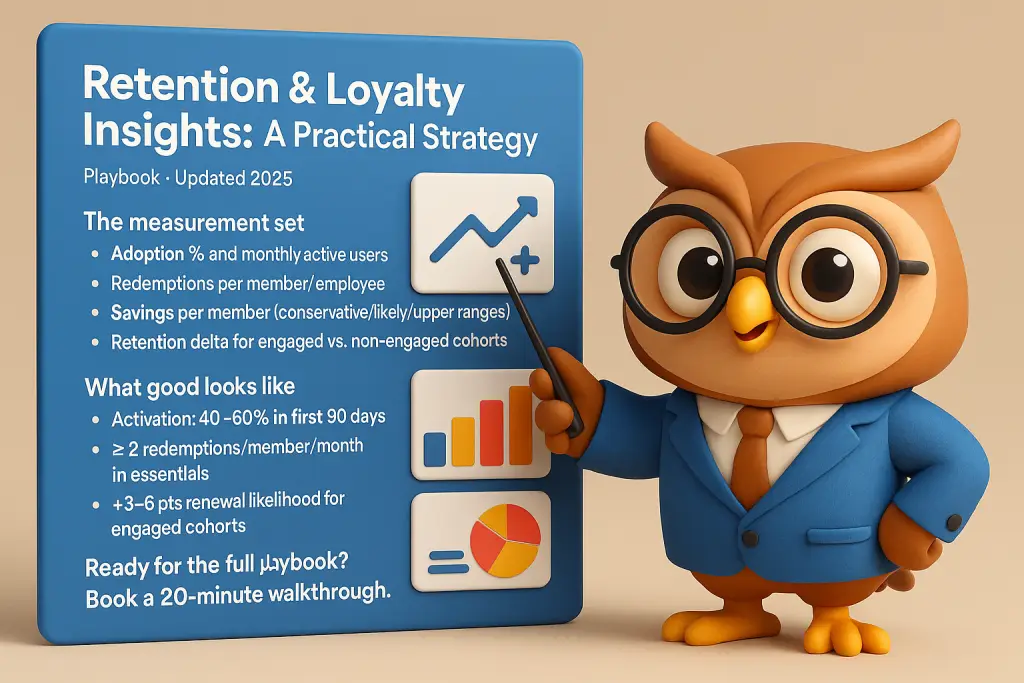 3D cartoon owl HR manager presenting an employee retention strategy dashboard with key metrics and graphs.