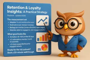 3D cartoon owl HR manager presenting an employee retention strategy dashboard with key metrics and graphs.